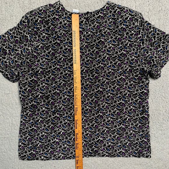Anna and Frank Silk Blouse L Top Shoulder Pads Black geometric coastal vintage - Picture 6 of 6